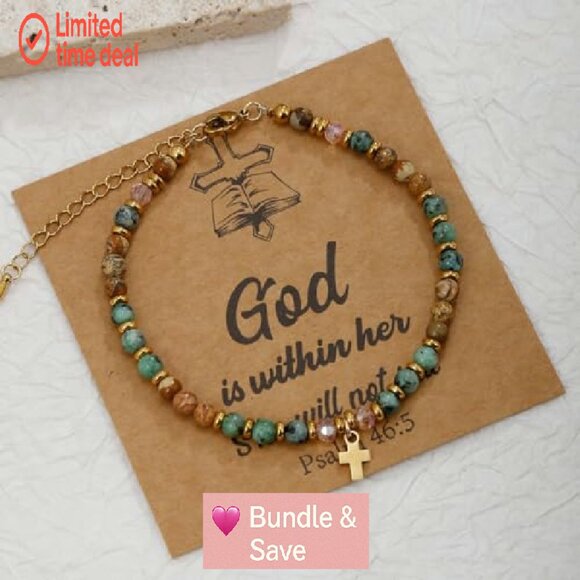 9PC Cross Bracelet Set Adjustable Natural Stone Beaded Faith Jewelry - Picture 7 of 8